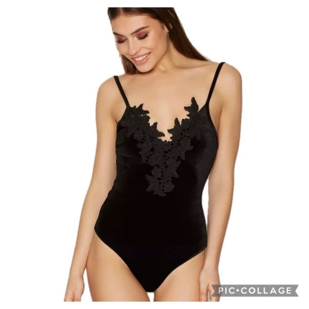 Express Black Velvet and Floral Lace Thong Bodysuit SZ M